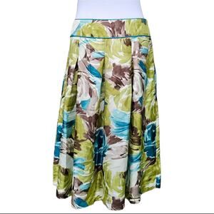 Talbots Floral Silk Skirt Size 4 Green Blue Brown Pleated Roses Flowers A-Line